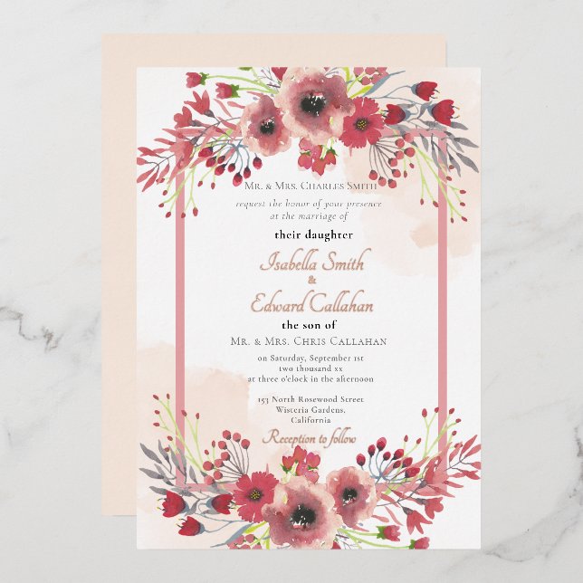 Elegant Coral Peony Floral Wreath Wedding Foil Inv (Front/Back)