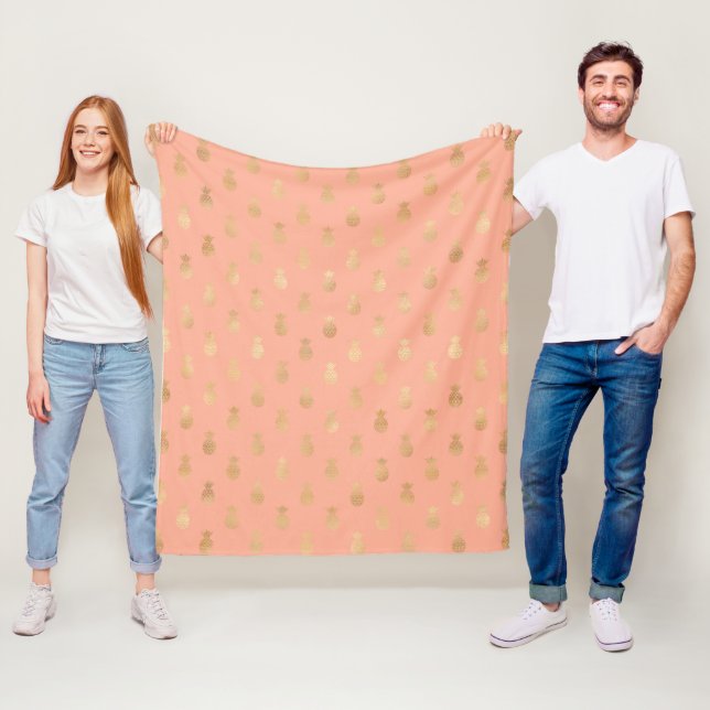 Elegant Coral Pink and Gold Pineapple Pattern  Fleece Blanket (In Situ)