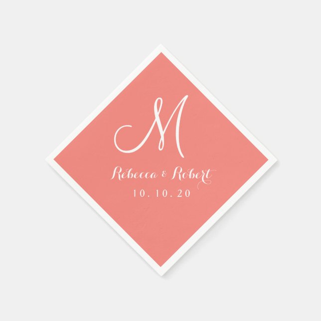 Elegant Coral Pink and White Monogram Paper Napkin (Corner)