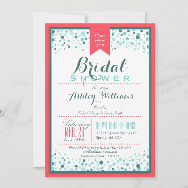 Elegant Coral Pink; Aqua Confetti Bridal Shower Invitation (Front)