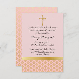 Elegant Coral Pink Baby Christening Invitation