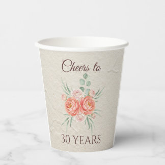 Elegant Coral Pink Floral Rose Gold Birthday Paper Cups