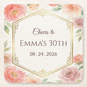 Elegant Coral Pink Floral Rose Gold Birthday Square Paper Coaster