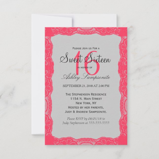 Elegant Coral Pink Lace Border & Slate Grey Invitation (Front)