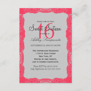 Elegant Coral Pink Lace Border & Slate Grey Invitation