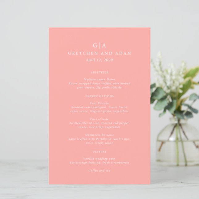 Elegant Coral Pink Modern Wedding Menu (Standing Front)