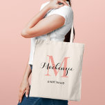 Elegant Coral Pink Monogram Bridesmaid Tote Bag<br><div class="desc">Vibrant and inviting,  this elegant tote features a coral pink monogram initial with a personalised name in warm script and the bridal party role beneath. A lively monogram design that brings a tropical or summer feel to your wedding party accessories. Name,  initial,  and role are fully customisable.</div>