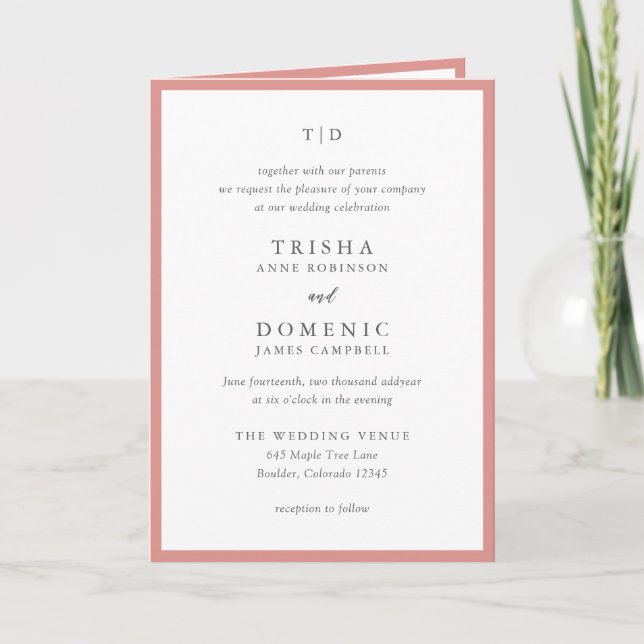 Elegant Coral Pink Monogram Modern Wedding Invitation (Front)
