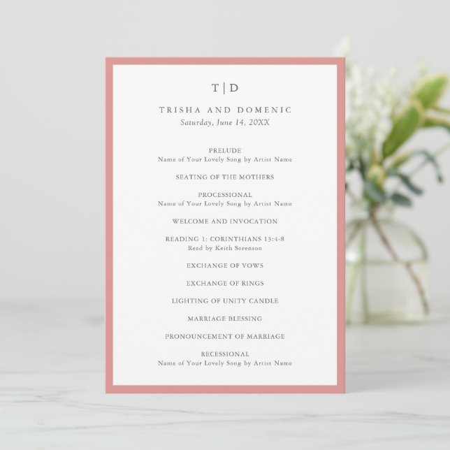 Elegant Coral Pink Monogram Modern Wedding Programme (Standing Front)