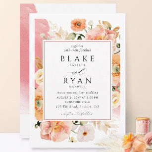 Elegant Coral, Pink, Peach Botanical Wedding Invitation
