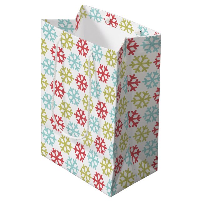 Elegant Coral Pink Red Mint Blue Green Snowflakes Medium Gift Bag (Front Angled)