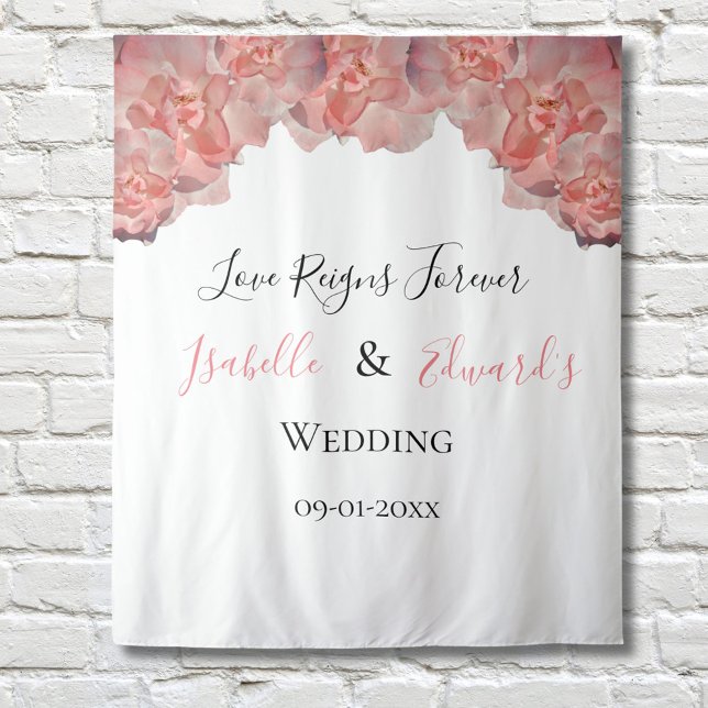 Elegant Coral Pink Rose Floral Frame Wedding Tapestry (Creator Uploaded)