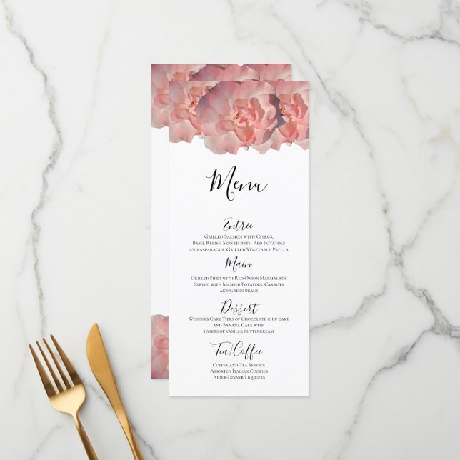 Elegant Coral Pink Rose Floral White Reception Menu (Creator Uploaded)