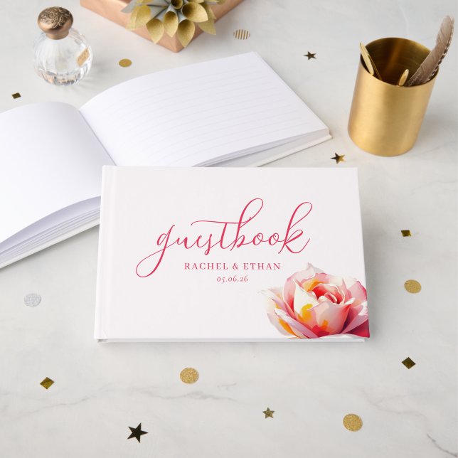 Elegant Coral Pink Rose Guest Book (Front Open)