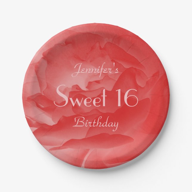 Elegant Coral Pink Rose, Sweet 16 Birthday Party  Paper Plate (Front)
