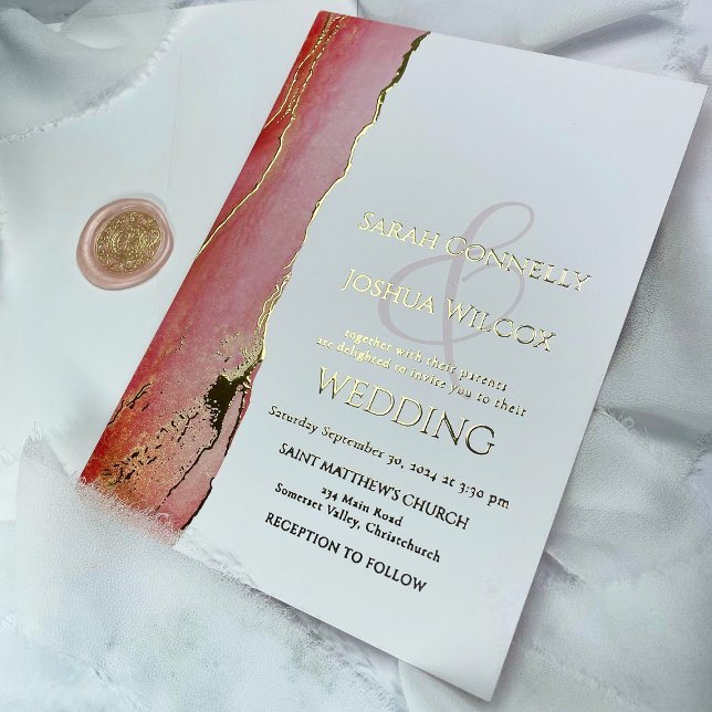 Elegant Coral Pink Topaz and Gold Wedding (Elegant Coral Pink and Gold Wedding Foil Invitation with pink and gold Envelope wax seal.)