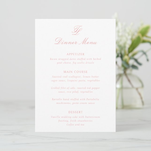 Elegant Coral Pink Traditional Wedding Menu (Standing Front)