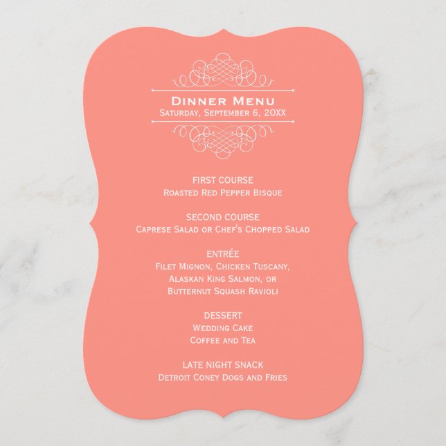 Elegant Coral Pink Wedding Monogram Dinner Menu (Front)