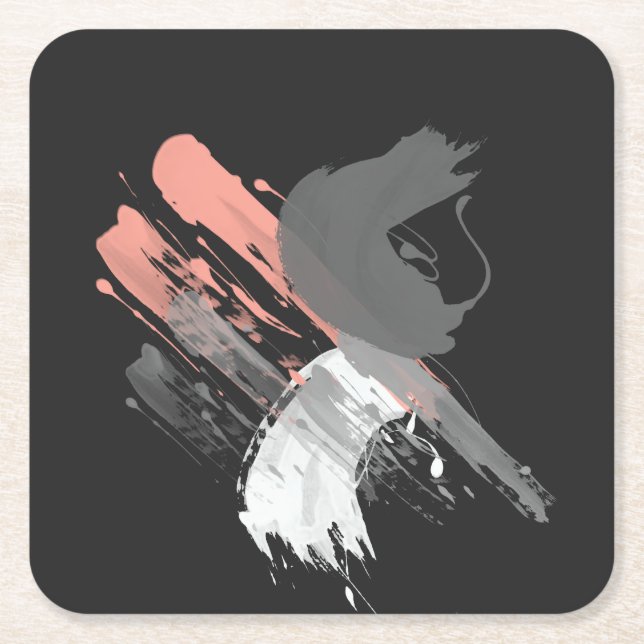elegant coral pink white and grey brushstrokes square paper coaster (Front)