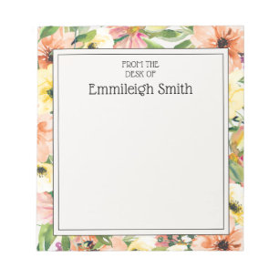 Elegant Coral Pink Yellow Watercolor Garden Floral Notepad