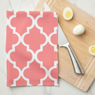 Elegant Coral Quatrefoil Tiles Pattern Tea Towel