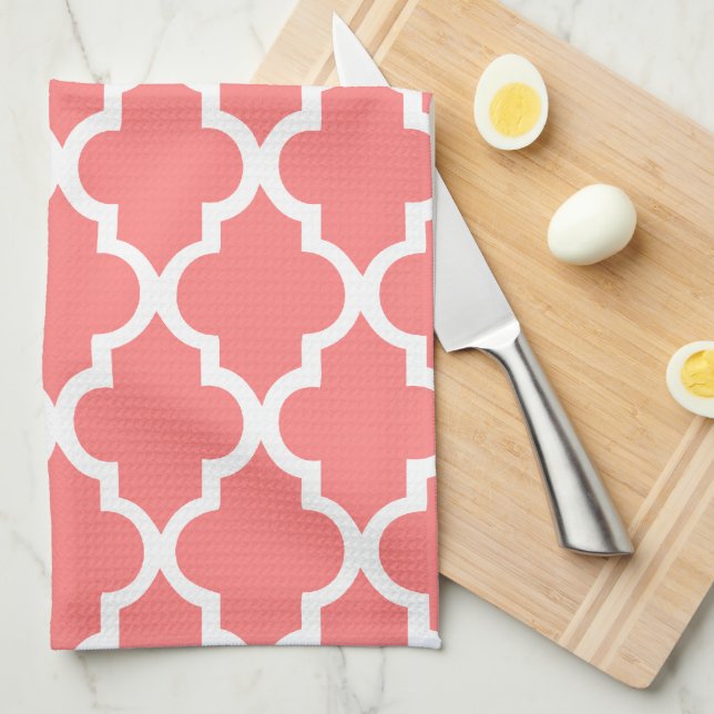 Elegant Coral Quatrefoil Tiles Pattern Tea Towel (Quarter Fold)