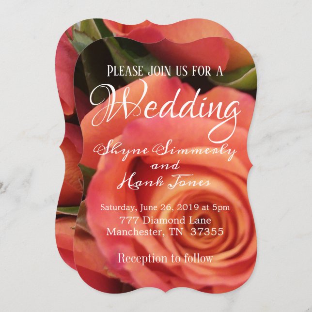 Elegant Coral Rose Wedding Invitation (Front/Back)