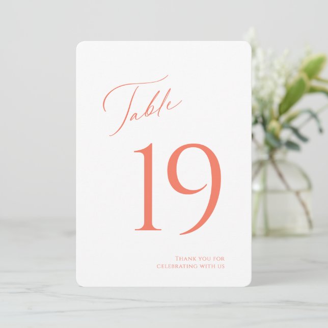 Elegant Coral Script Wedding Table Number Card (Standing Front)