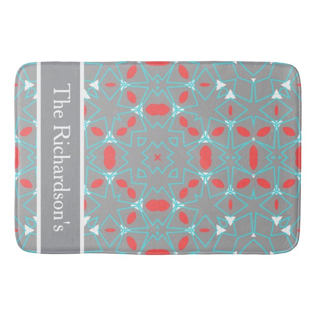 Elegant Coral Turquoise Grey Geometric Pattern  Bath Mat (Front)