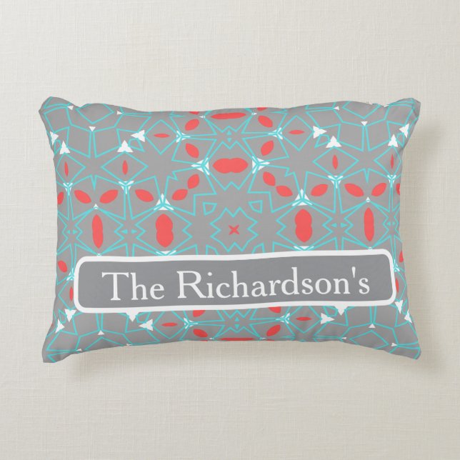 Elegant Coral Turquoise Grey Geometric Pattern  Decorative Cushion (Front)