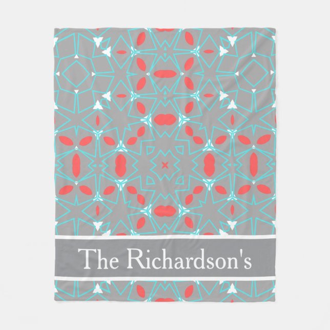 Elegant Coral Turquoise Grey Geometric Pattern  Fleece Blanket (Front)