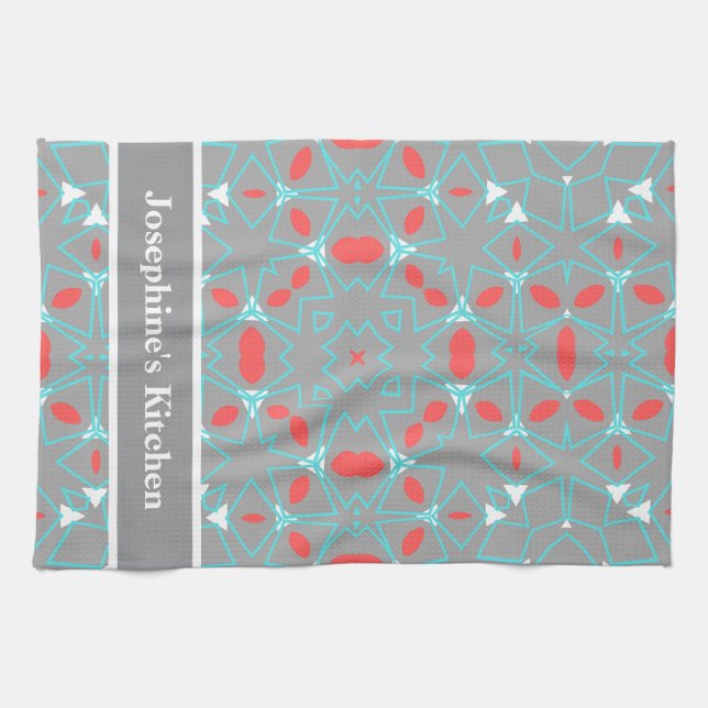 Elegant Coral Turquoise Grey Geometric Pattern  Tea Towel (Horizontal)
