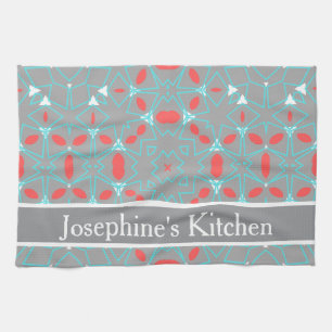 Elegant Coral Turquoise Grey Geometric Pattern  Tea Towel
