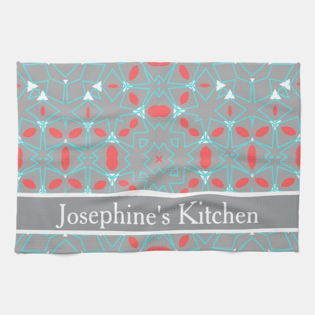 Elegant Coral Turquoise Grey Geometric Pattern  Tea Towel (Horizontal)