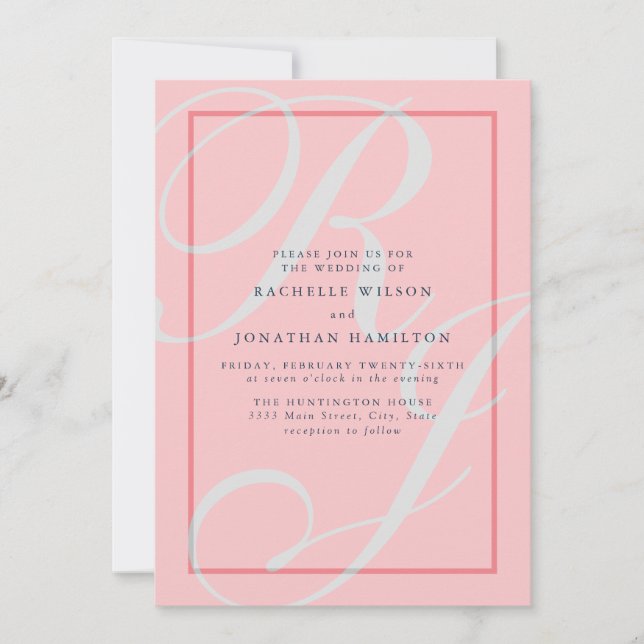 Elegant Coral Wedding Monogram Invitation (Front)