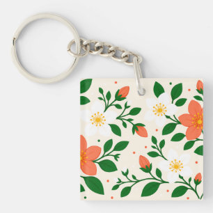 Elegant Coral & White Flowers with Green Foliage Key Ring