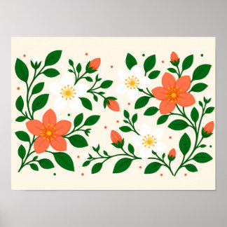 Elegant Coral & White Flowers with Green Foliage Poster