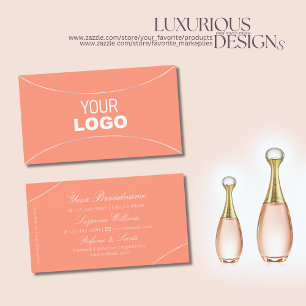 Elegant Coral with Pearl Silver Border and Logo Business Card