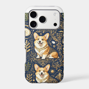 Elegant Corgi Dogs Gold Damask Navy Blue Pattern 