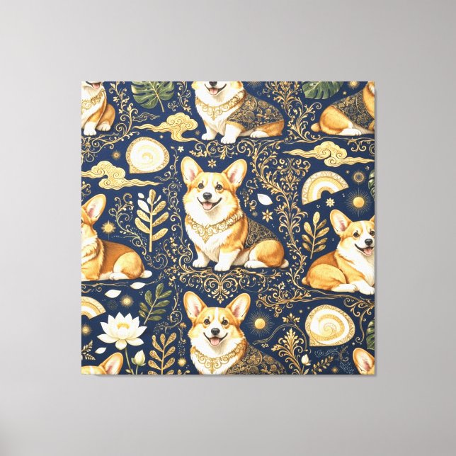 Elegant Corgi Dogs Gold Damask Navy Blue Pattern  Canvas Print (Front)
