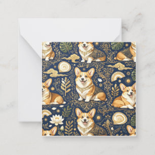 Elegant Corgi Dogs Gold Damask Navy Blue Pattern Card