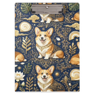 Elegant Corgi Dogs Gold Damask Navy Blue Pattern Clipboard