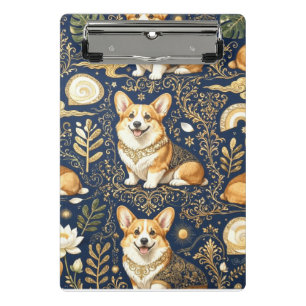 Elegant Corgi Dogs Gold Damask Navy Blue Pattern Mini Clipboard