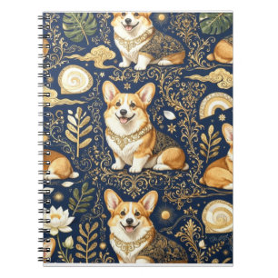 Elegant Corgi Dogs Gold Damask Navy Blue Pattern  Notebook