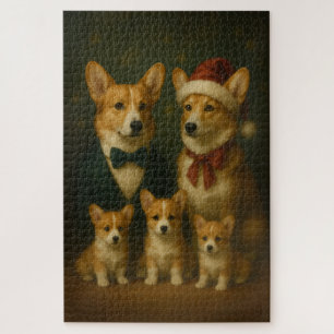 Elegant Corgi Family Christmas Heartwarming Jigsaw Puzzle