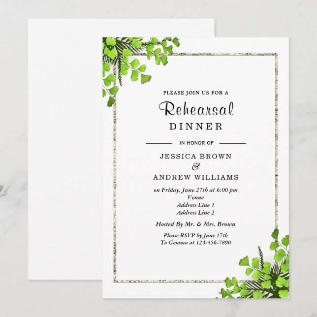 Elegant Corner Fern Decoration Rehearsal Dinner Invitation (Front/Back)