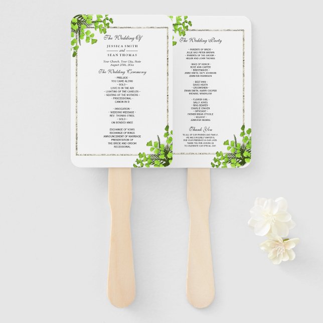 Elegant Corner Fern Decoration Wedding Program Hand Fan (Front and Back)