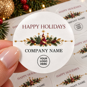 Elegant Corporate Christmas Greenery Logo Holiday Classic Round Sticker