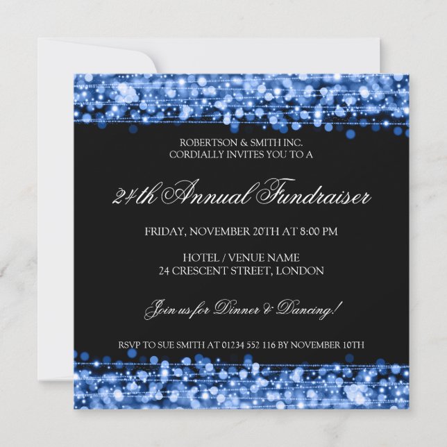 Elegant Corporate Fundraiser Party Sparkles Blue Invitation (Front)
