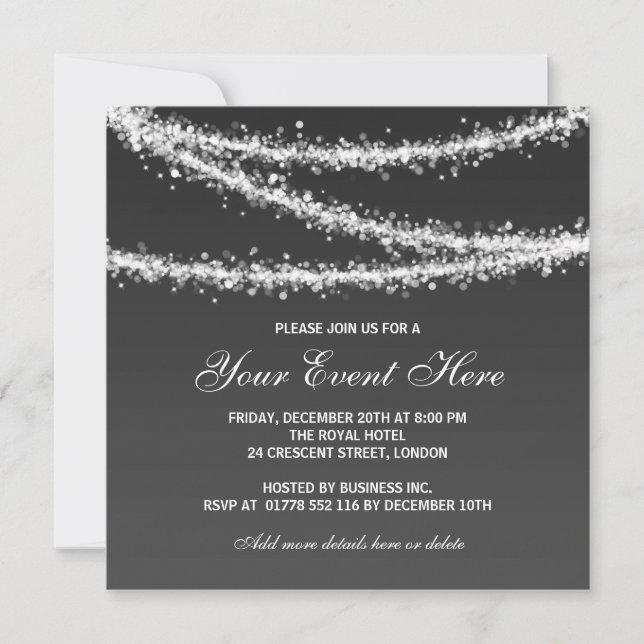 Elegant Corporate Party String Lights Black Invitation (Front)